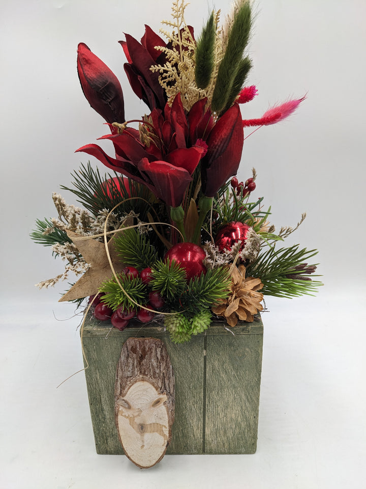 Weihnachtsgesteck Kugel Stern Amaryllis rot