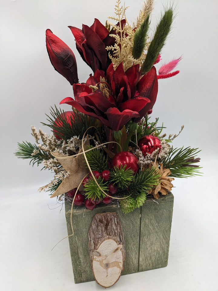 Weihnachtsgesteck Kugel Stern Amaryllis rot