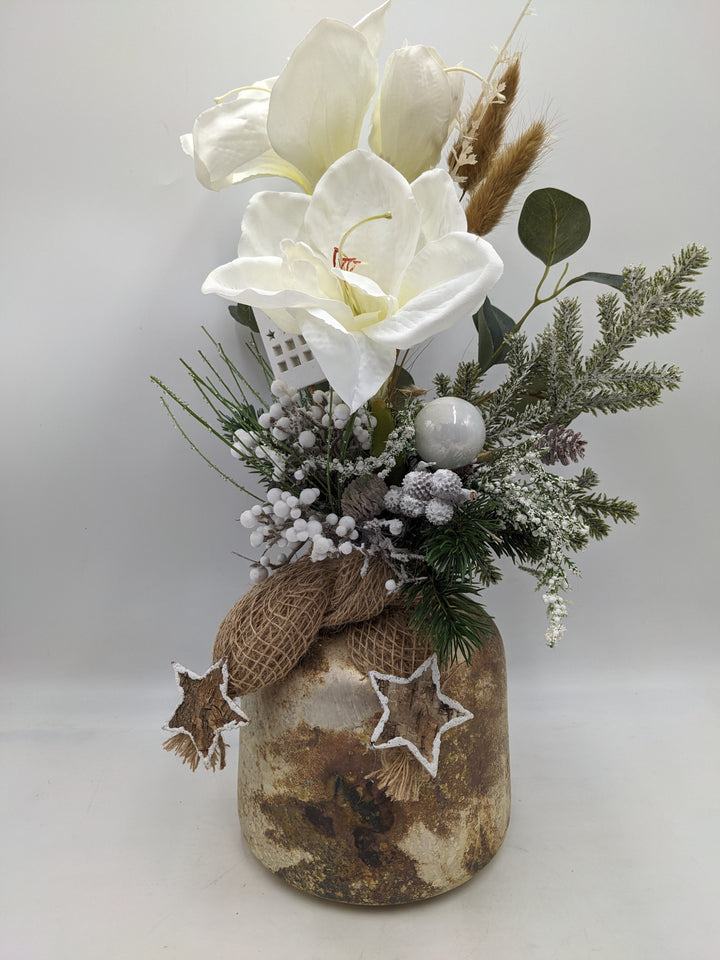 Weihnachtsgesteck Kugel Stern Amaryllis weiß