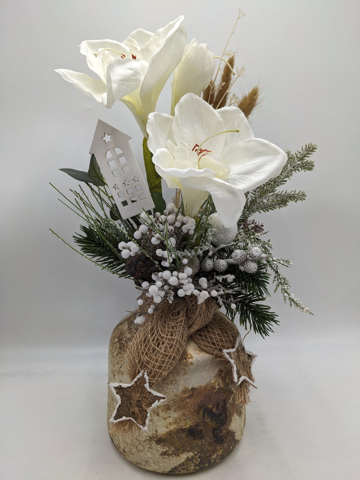 Weihnachtsgesteck Kugel Stern Amaryllis weiß
