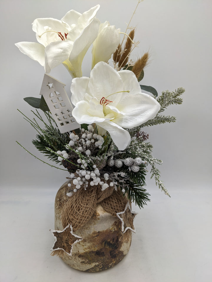 Weihnachtsgesteck Kugel Stern Amaryllis weiß