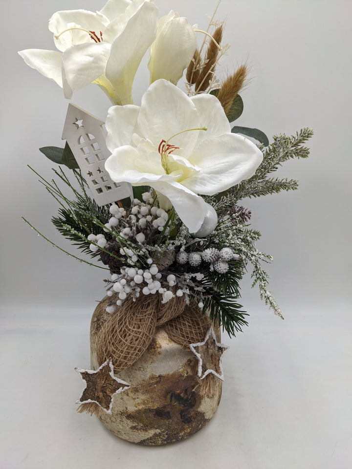 Weihnachtsgesteck Kugel Stern Amaryllis weiß