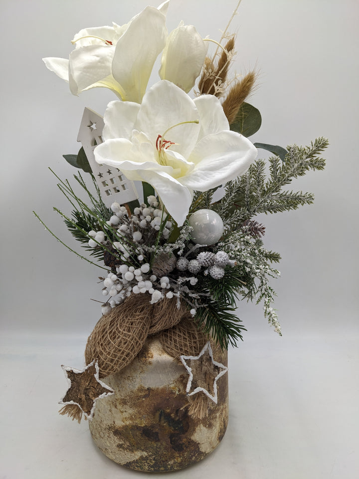 Weihnachtsgesteck Kugel Stern Amaryllis weiß