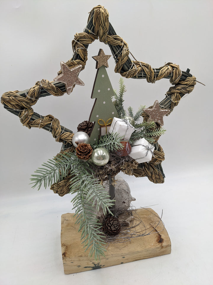Weihnachtsgesteck LED Stern Zapfen Tannenbäumchen natur