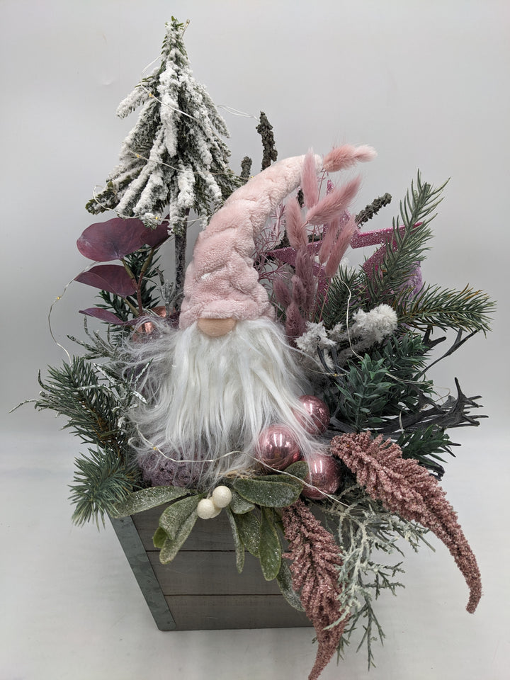 Weihnachtsgesteck LED Kugeln Wichtel Tannenbäumchen rosa