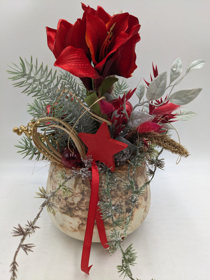 Weihnachtsgesteck Kugel Stern Amaryllis rot