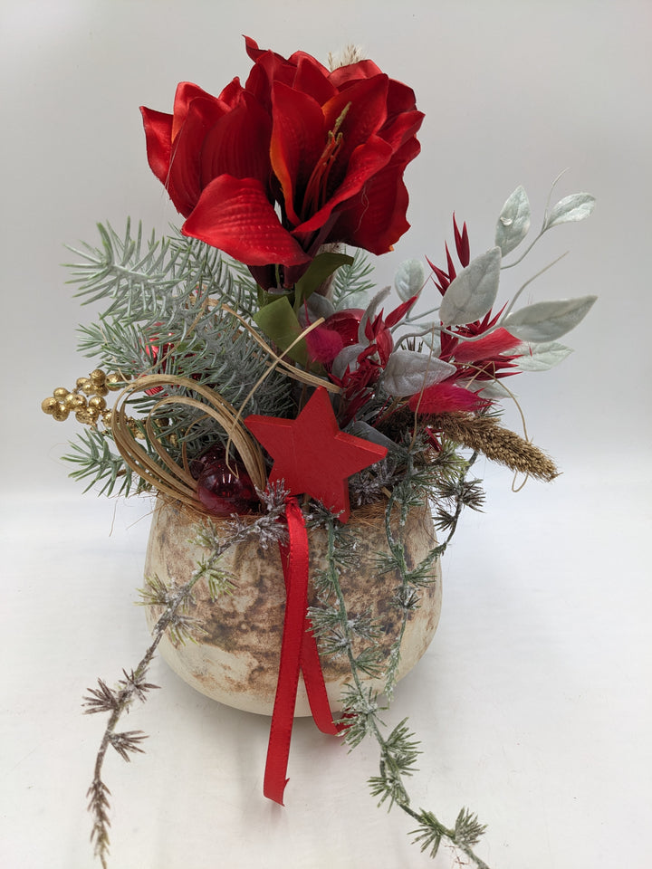 Weihnachtsgesteck Kugel Stern Amaryllis rot