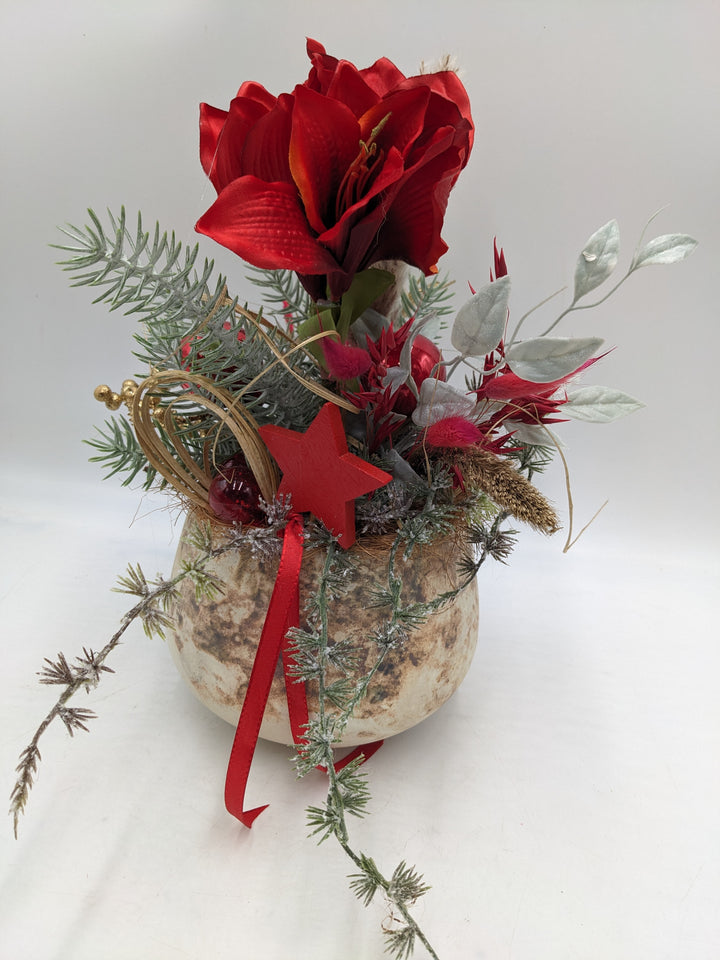 Weihnachtsgesteck Kugel Stern Amaryllis rot