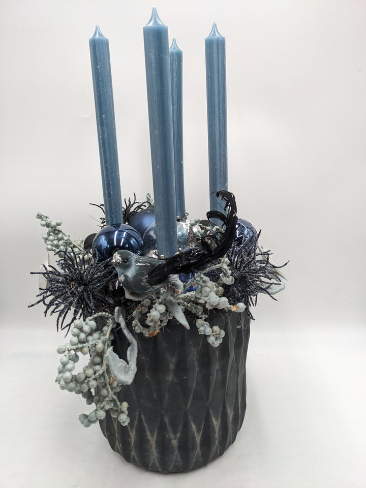 Adventsgesteck Kugel Vogel Spider blau