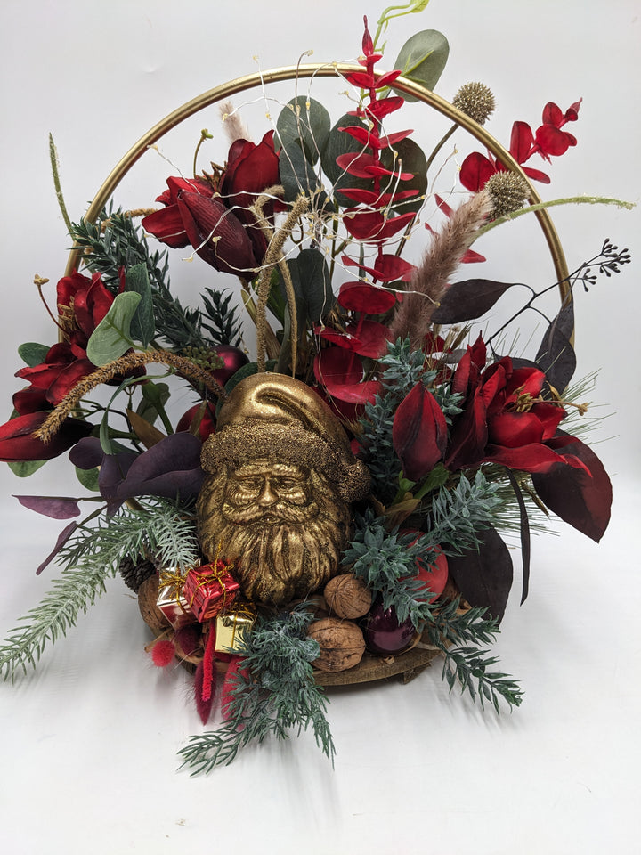 Weihnachtsgesteck LED Kugel Geschenk Weihnachtsmann gold