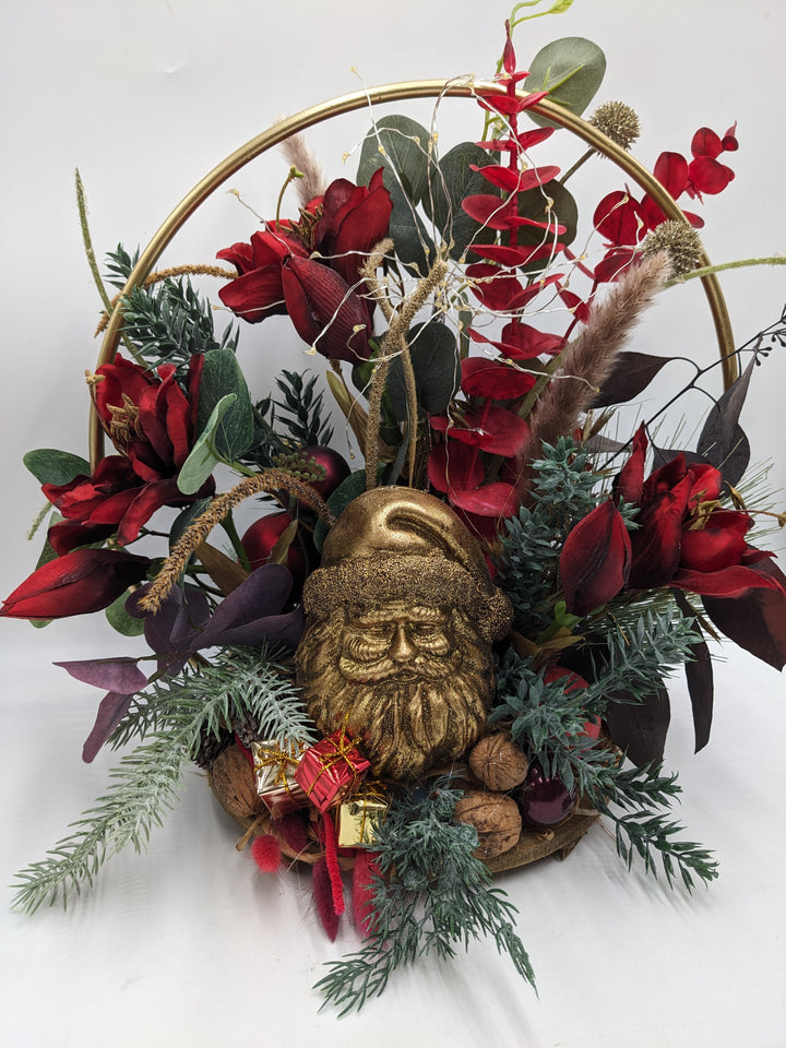 Weihnachtsgesteck LED Kugel Geschenk Weihnachtsmann gold