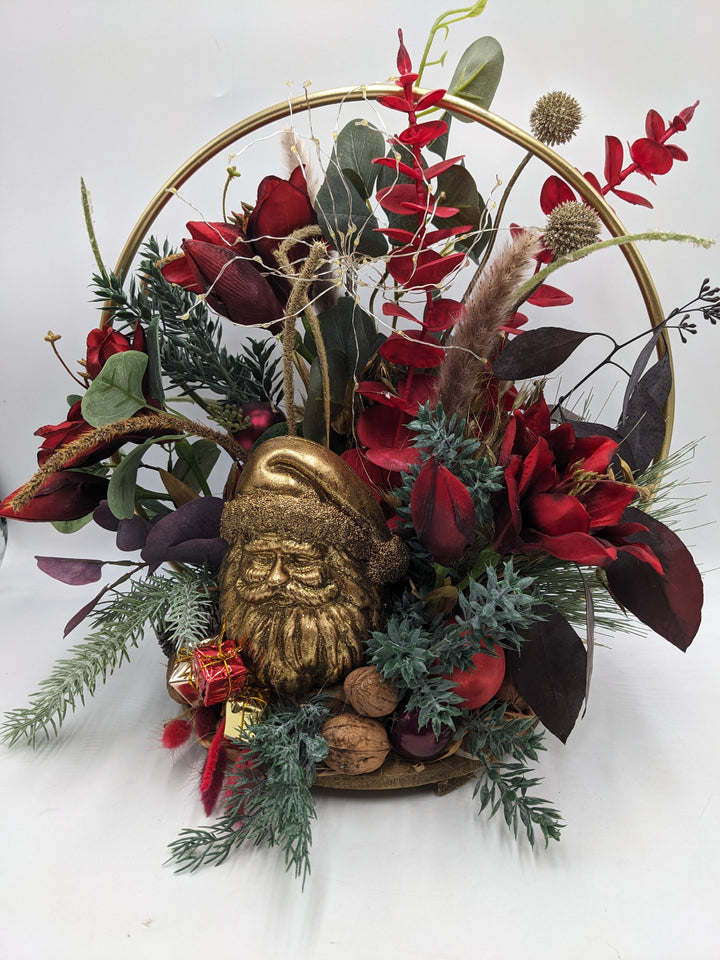 Weihnachtsgesteck LED Kugel Geschenk Weihnachtsmann gold