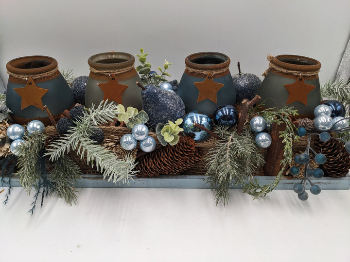 Adventsgesteck Teelicht Stern Zapfen blau