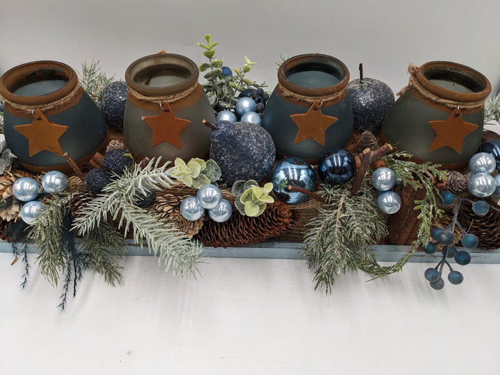 Adventsgesteck Teelicht Stern Zapfen blau