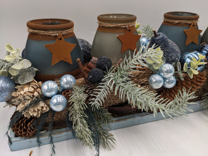 Adventsgesteck Teelicht Stern Zapfen blau