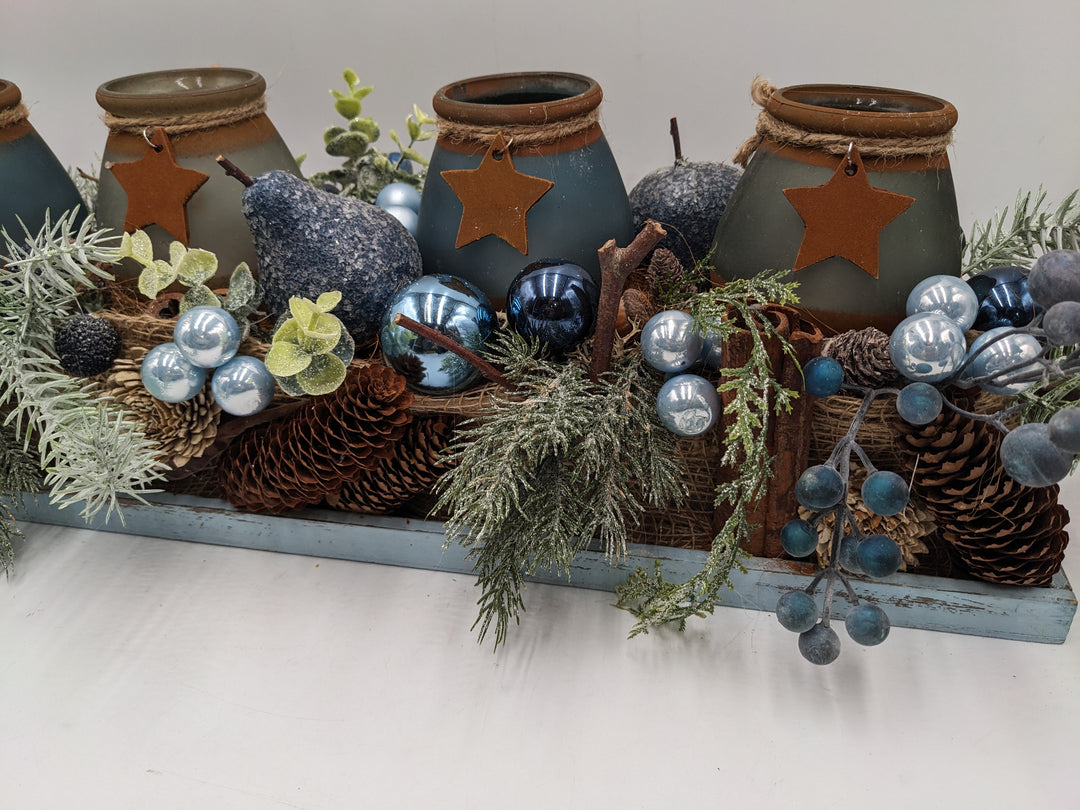 Adventsgesteck Teelicht Stern Zapfen blau