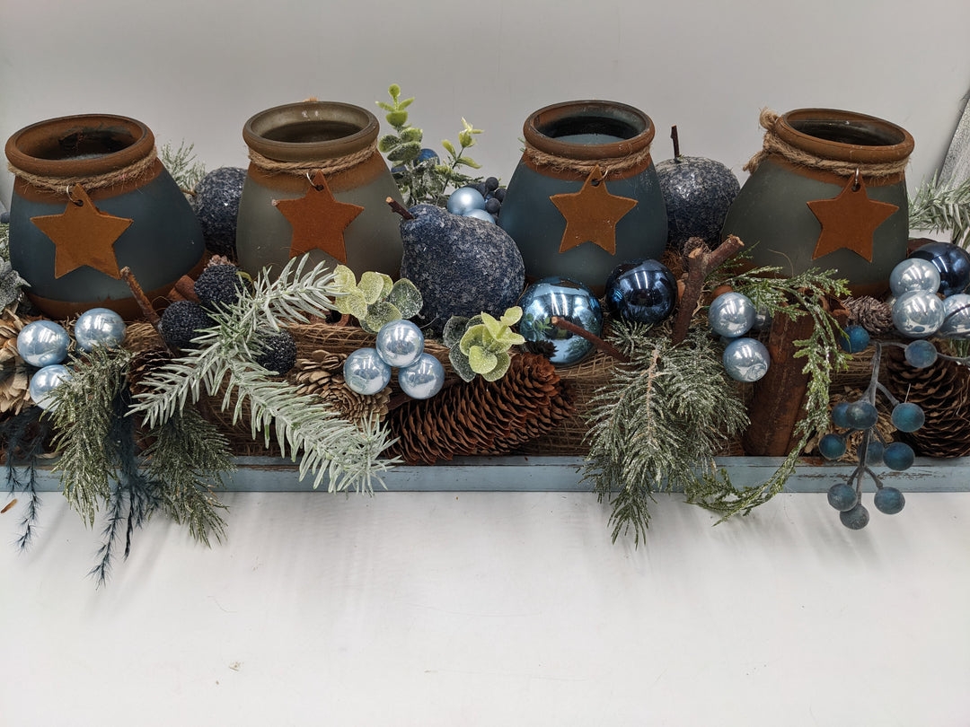 Adventsgesteck Teelicht Stern Zapfen blau