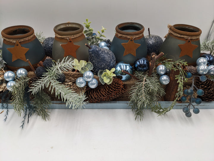 Adventsgesteck Teelicht Stern Zapfen blau