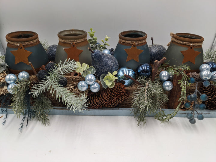 Adventsgesteck Teelicht Stern Zapfen blau