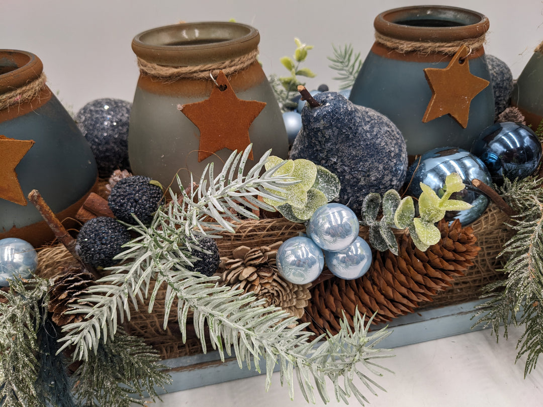 Adventsgesteck Teelicht Stern Zapfen blau