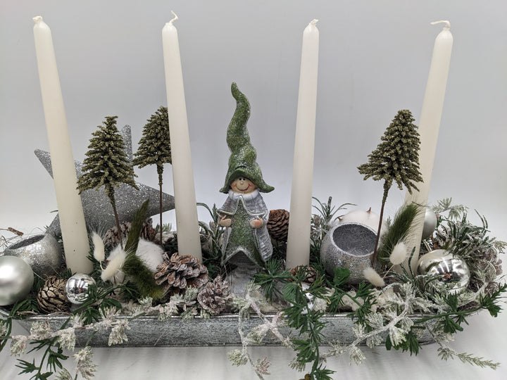 Adventsgesteck Kugel Stern Wichtel silber