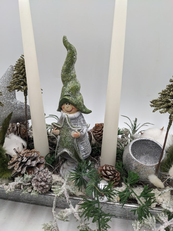 Adventsgesteck Kugel Stern Wichtel silber
