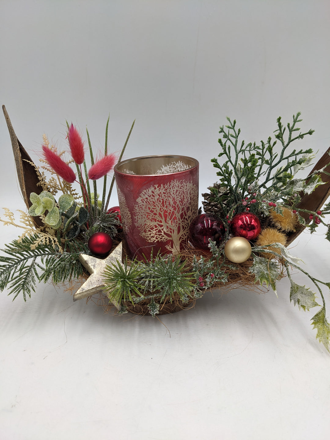 Weihnachtsgesteck Teelicht Schleife Stern rot