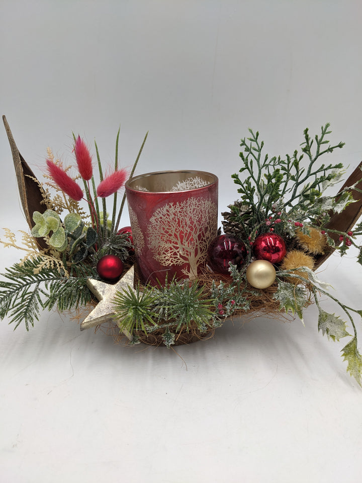 Weihnachtsgesteck Teelicht Schleife Stern rot