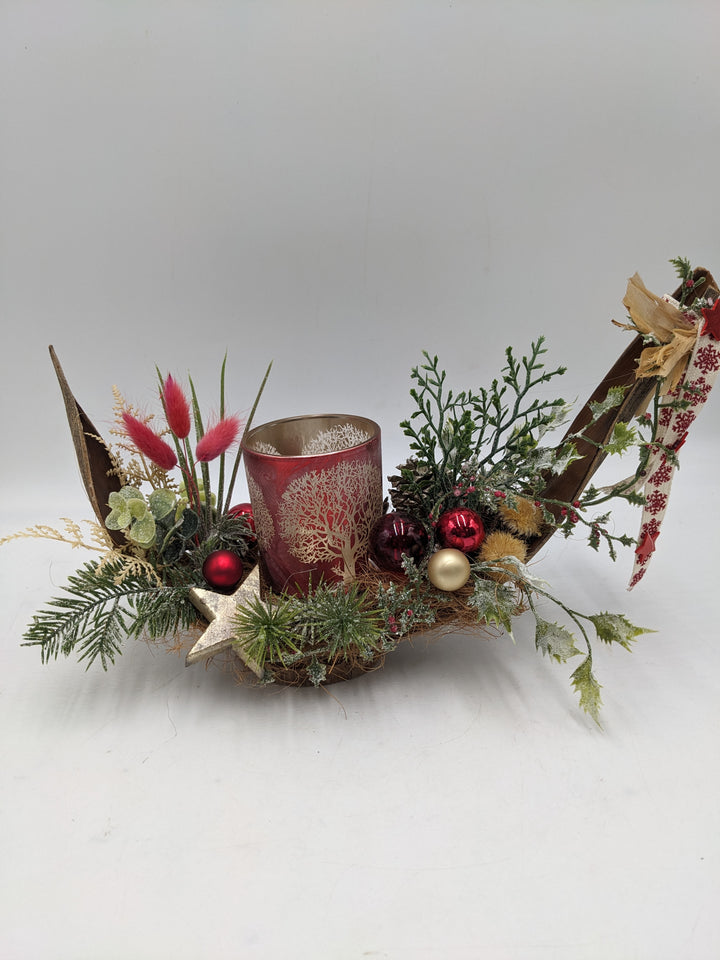 Weihnachtsgesteck Teelicht Schleife Stern rot