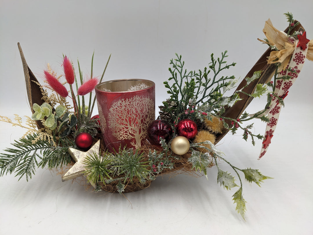 Weihnachtsgesteck Teelicht Schleife Stern rot