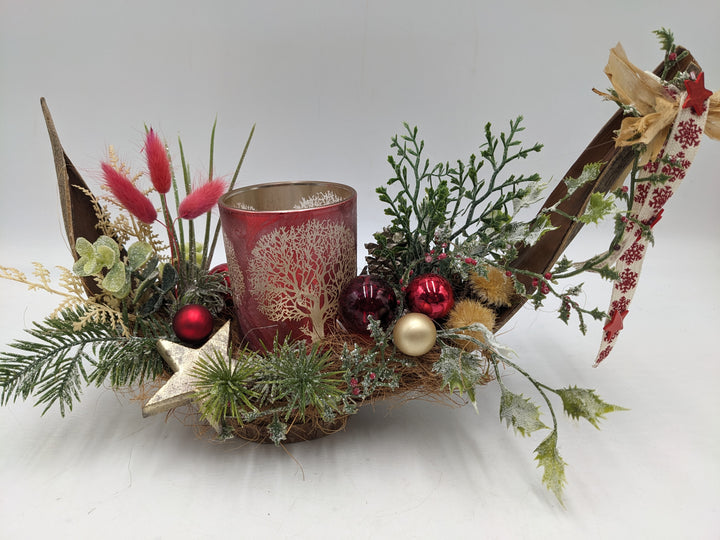 Weihnachtsgesteck Teelicht Schleife Stern rot