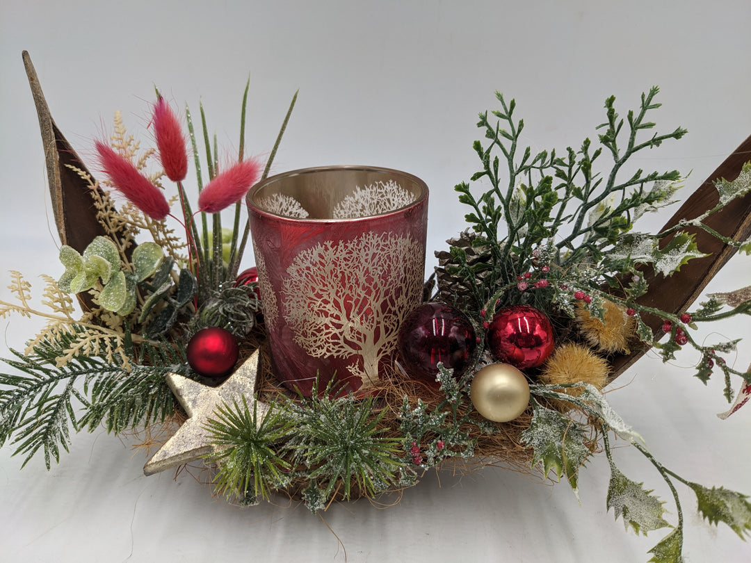 Weihnachtsgesteck Teelicht Schleife Stern rot