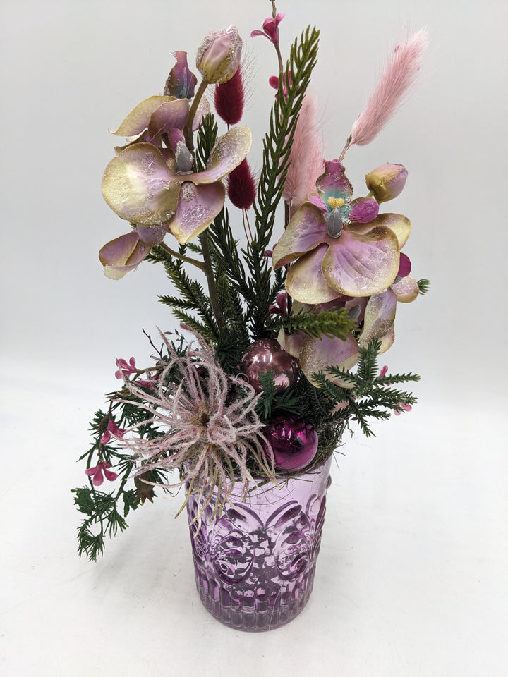 Wintergesteck Orchideen Gräser Tanne lila