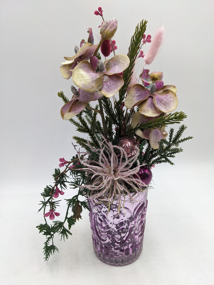 Wintergesteck Orchideen Gräser Tanne lila