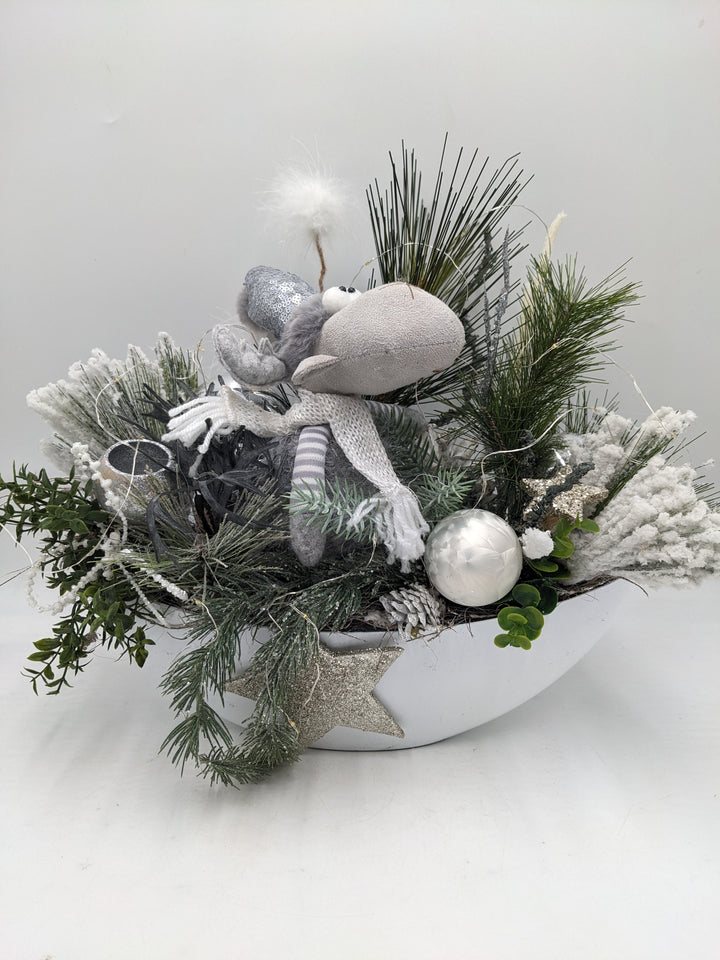 Wintergesteck Elch weiss silber LED