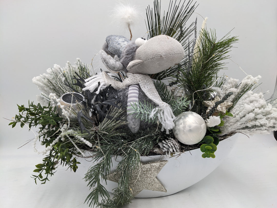 Wintergesteck Elch weiss silber LED