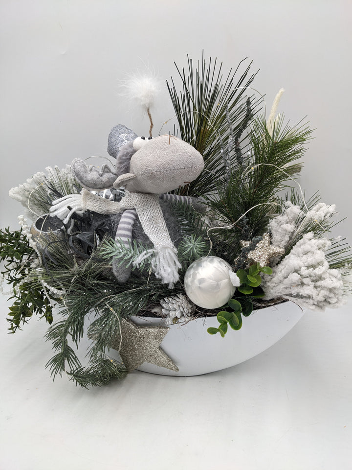 Wintergesteck Elch weiss silber LED