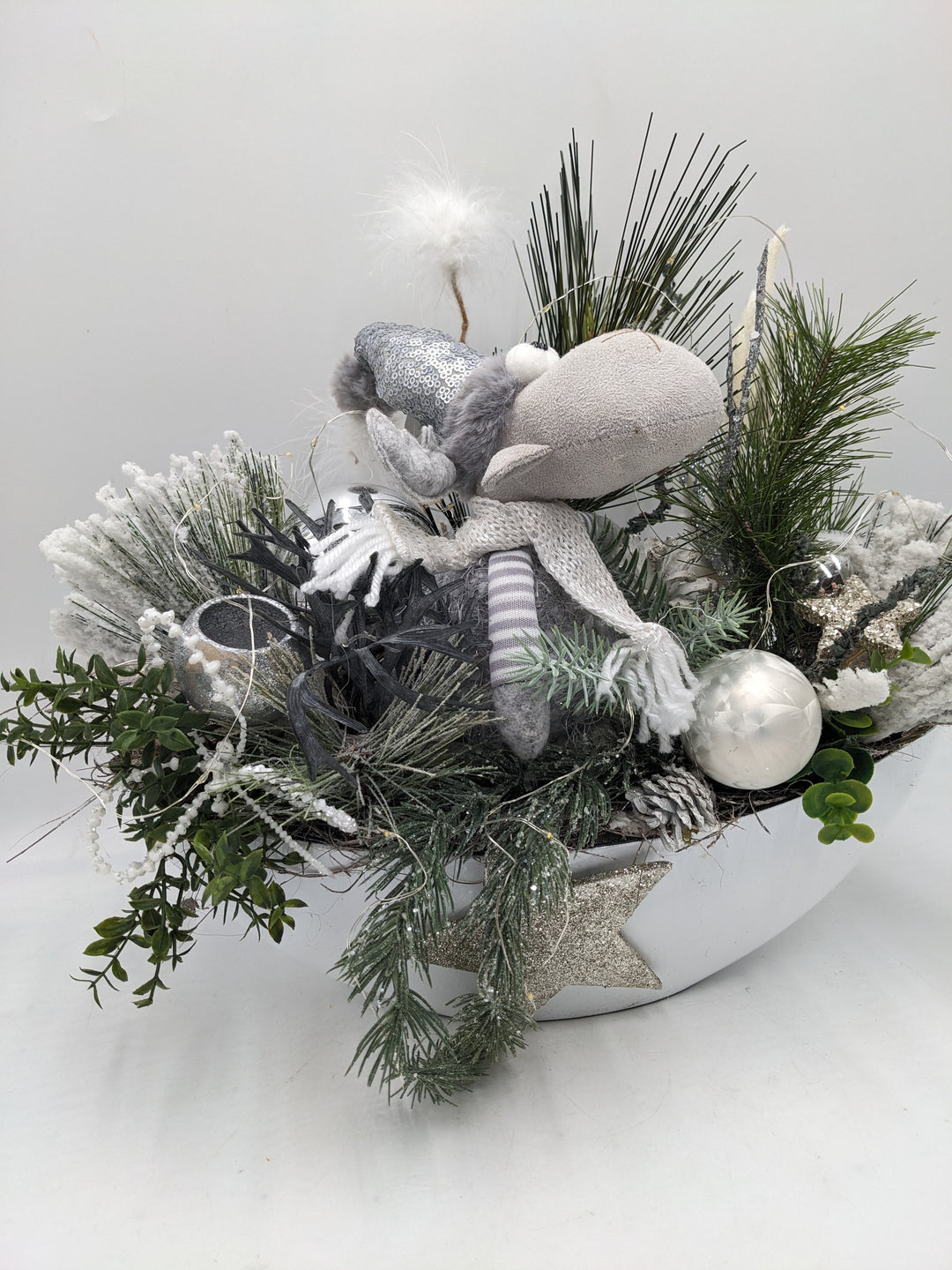 Wintergesteck Elch weiss silber LED