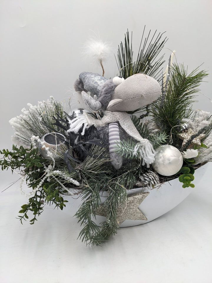 Wintergesteck Elch weiss silber LED