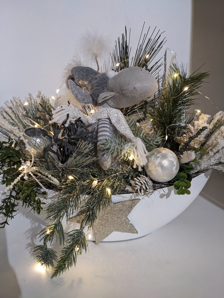 Wintergesteck Elch weiss silber LED