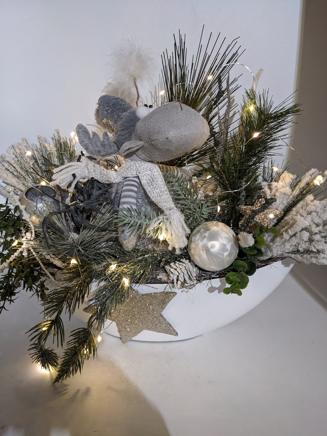 Wintergesteck Elch weiss silber LED