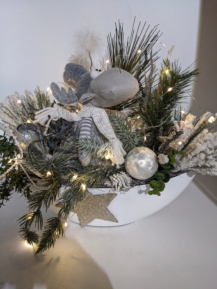 Wintergesteck Elch weiss silber LED