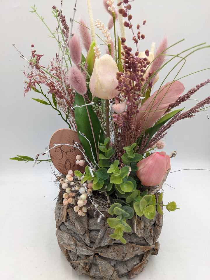 Ostergesteck Frühlingsgesteck Tulpen Gräser Feder rosa