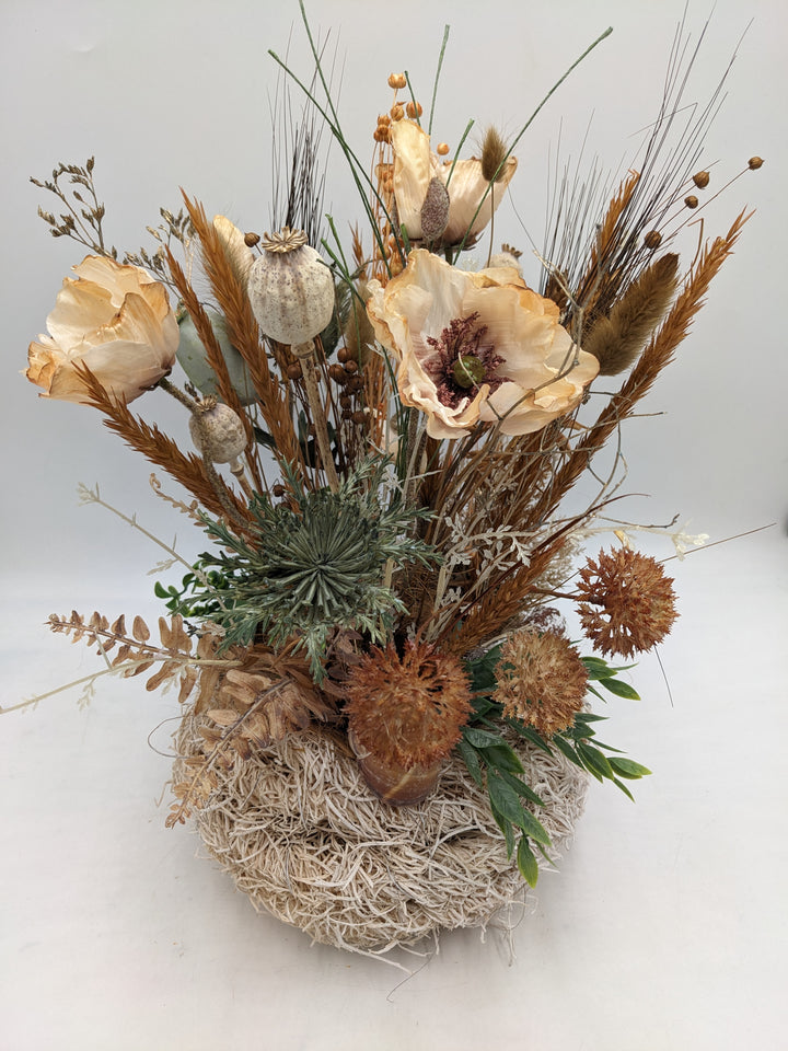 Herbstgesteck Mohn Gräser Schnecke apricote