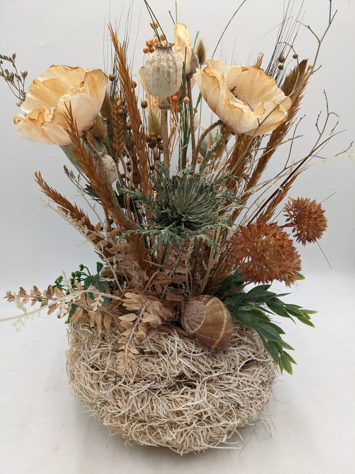 Herbstgesteck Mohn Gräser Schnecke apricote