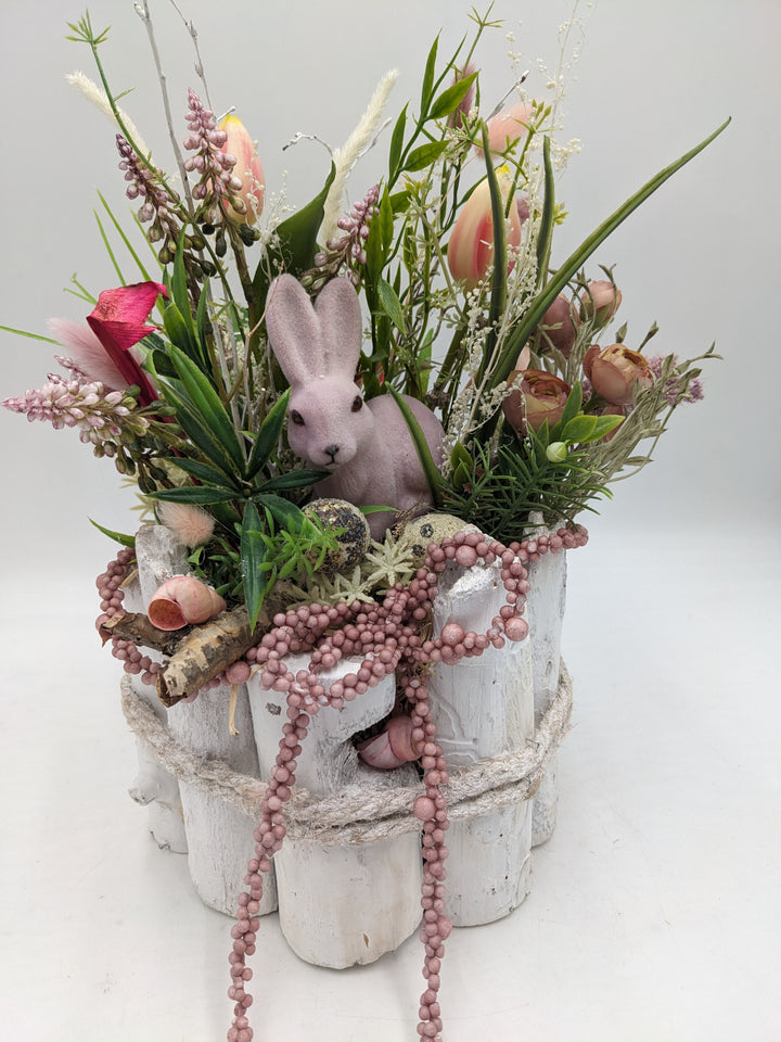 Ostergesteck Frühlingsgesteck Tulpen Hyazinthen Gräser rosa