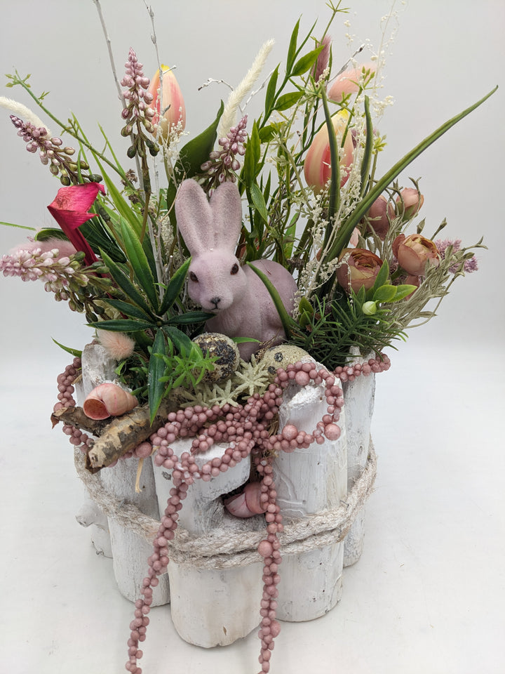 Ostergesteck Frühlingsgesteck Tulpen Hyazinthen Gräser rosa