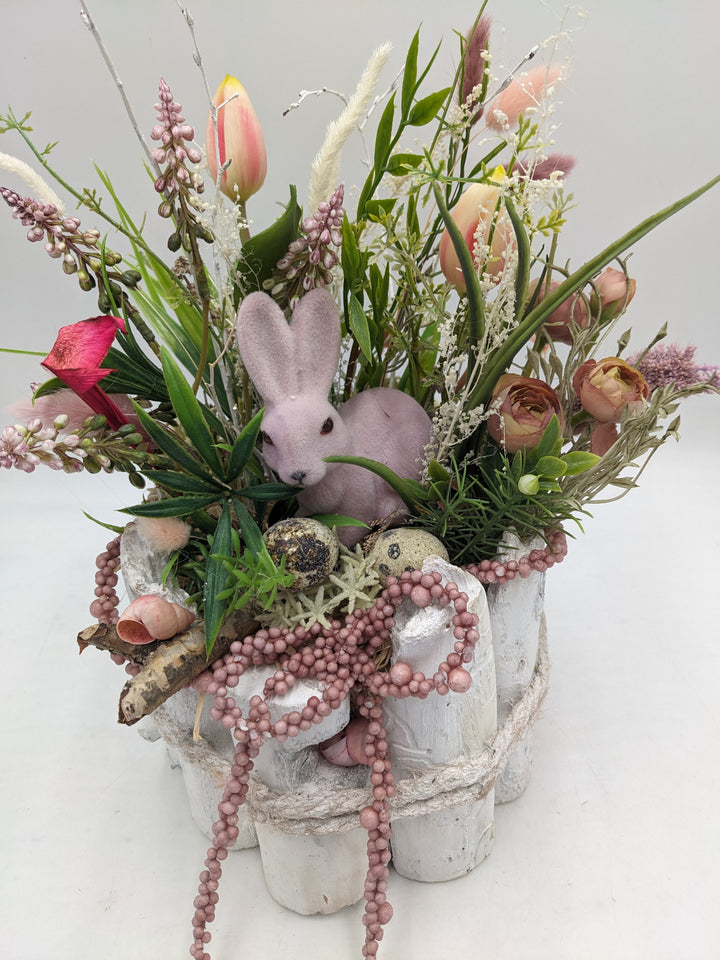 Ostergesteck Frühlingsgesteck Tulpen Hyazinthen Gräser rosa