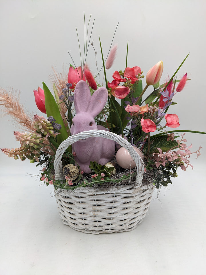 Ostergesteck Frühlingsgesteck  Hase Tulpen Hyazinthen Gräser rosa
