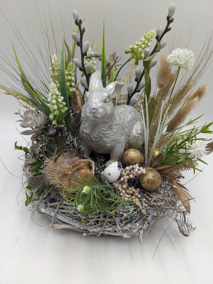 Ostergesteck Frühlingsgesteck Hyazinthen Gräser Hase silber gold